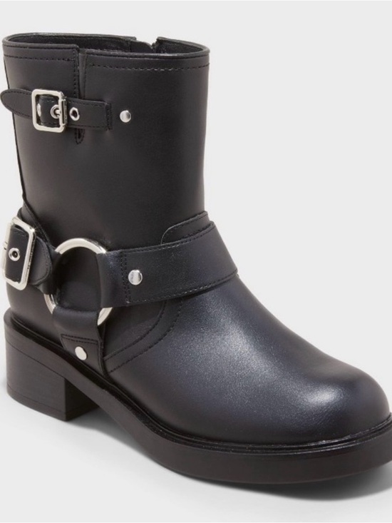 Universal Thread Shoes - Universal Thread Black Leather Harness Ankle Boots with Silver Hardware